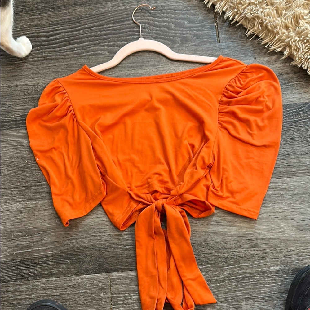 Orange Puff Sleeve Tie Front Blouse
